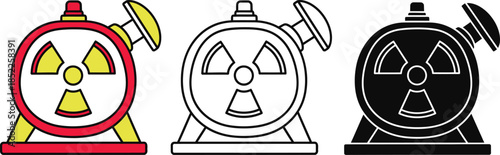 Three alarm clocks with radiation symbols in red yellow and black colors three clocks