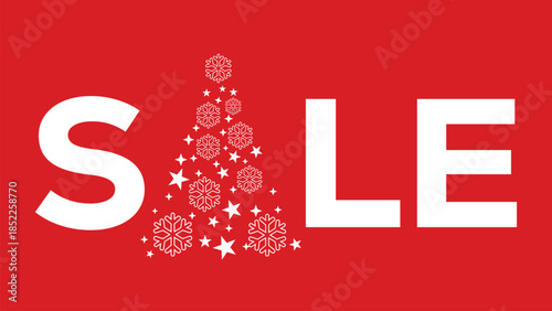 Festive red Christmas sale banner with bold white text and stylized Christmas tree made of white stars and ornaments, perfect for holiday retail promotions and seasonal marketing campaigns.