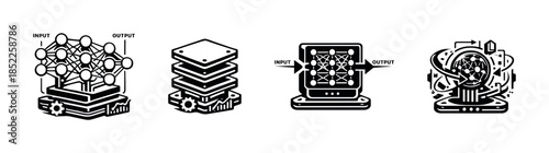 Neural network and data analysis icons, flat vector illustration, ai technology