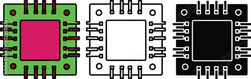Three colored microchips with different colored central squares and pins electronic component