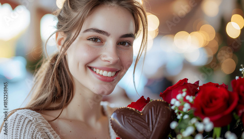 Young Woman with Chocolate Heart and Red Roses — Valentine Portrait
