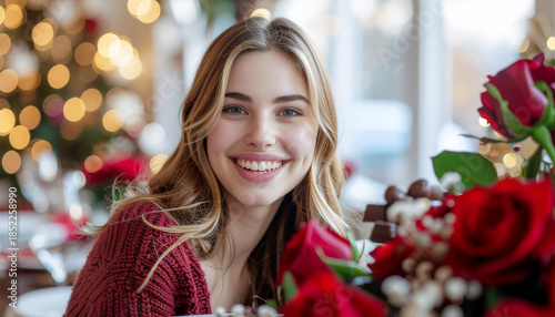 Candid Portrait of Woman in Valentine Setting with Chocolates and Flowers