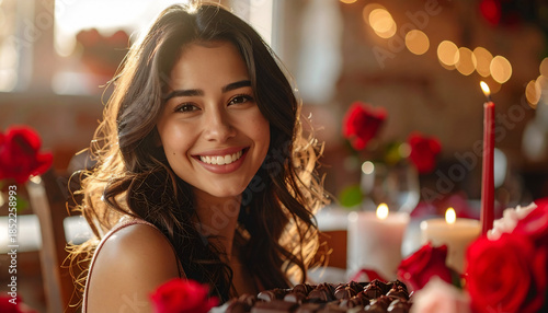 Candid Portrait of Woman in Valentine Setting with Chocolates and Flowers