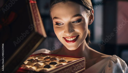 Young Woman Opening Luxury Valentine Chocolate Box — Delighted Portrait
