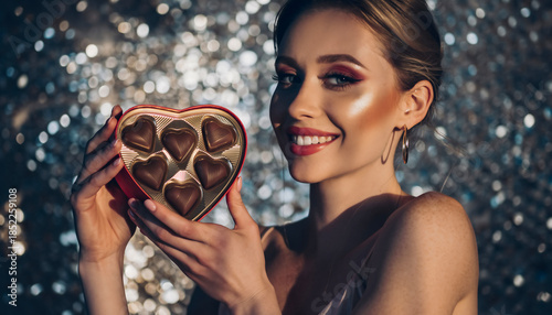 Young Woman Holding Heart-Shaped Chocolate Gift Box — Portrait