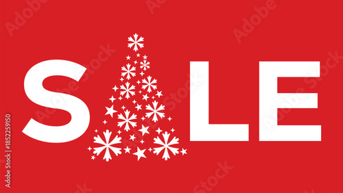 Festive red Christmas sale banner with bold white text and stylized Christmas tree made of white stars and ornaments, perfect for holiday retail promotions and seasonal marketing campaigns.