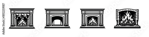 Fireplace set, cozy hearths, stockings, flat vector illustration, winter design