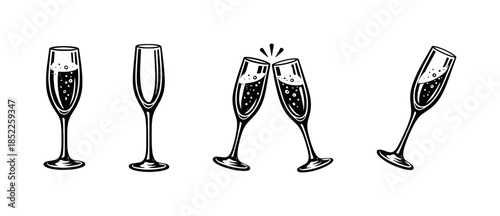 Champagne glasses celebration, cheers and drinks, flat vector illustration