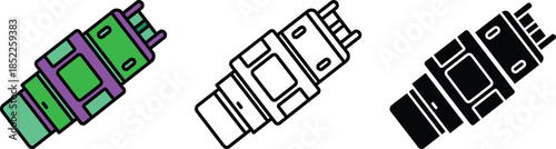 Three colorful and black network cable connectors with different colored segments green