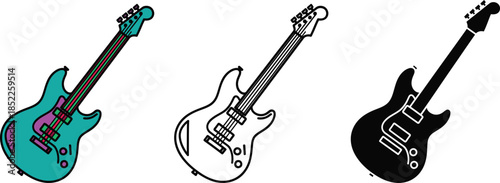 Three colorful and outlined electric bass guitars in different styles and colors musical instruments