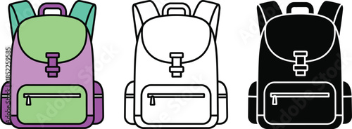 Three colorful backpacks with different colors and school bag purple green