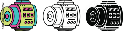 Three colorful camera lenses with detailed front and buttons in style camera lens camera lens camera lens colorful camera lens