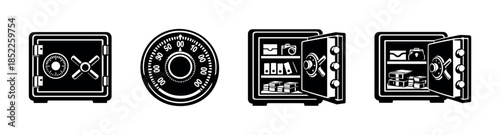 Safe icons set, vault, security, lock, safe boxes, flat vector illustration