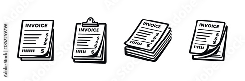 Invoice paper set, finance, documents, receipts, flat vector illustration