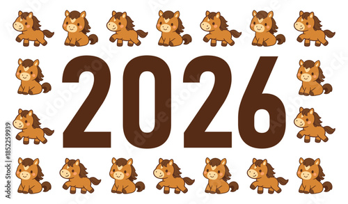 Cute 2026 New Year card featuring the Chinese zodiac year of the horse with adorable cartoon pony illustrations on a white background.