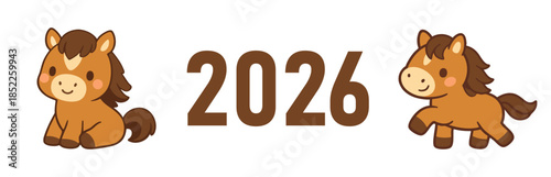 Adorable 2026 New Year illustration featuring two cute cartoon brown horses, perfect for lunar calendar cards, banners, and festive decorations.