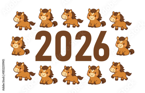 Kawaii horse illustration with the year 2026, perfect for the Chinese Zodiac Year of the Horse. Cute brown ponies for New Year greeting cards.