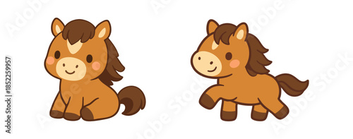 Adorable chibi horse character set. Features two cute brown ponies in sitting and walking poses. Kawaii animal vector illustration.
