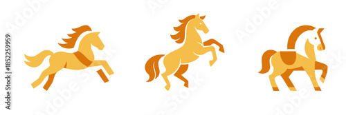 Set of three modern horse logo designs in orange and yellow, featuring running, rearing, and prancing poses on a clean white background.