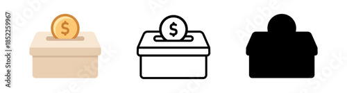 Set of donation box icons in flat, line, and solid styles, featuring a dollar coin being inserted. Ideal for charity and financial concepts.
