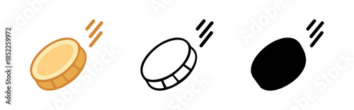 Set of three coin toss icons in color, outline, and silhouette styles, representing motion, finance, and gambling concepts.