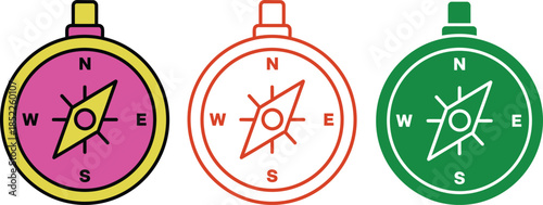 Three colorful compasses with directional arrows and cardinal points north south east