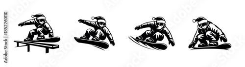 Snowboarding santa claus, winter sports fun, flat vector illustration