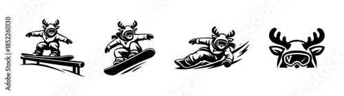 Snowboarding reindeer, winter sport, dynamic poses, flat vector illustration