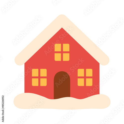 Cozy house in snow illustration creating warm winter holiday mood. For Christmas designs, greeting cards, seasonal decor, postcards, cozy scenes, festive kids print. Flat vector. Hand drawn. Isolated.