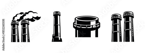 Factory smoke vector illustrations. Industrial smoke stacks elements, flat vector illustrations