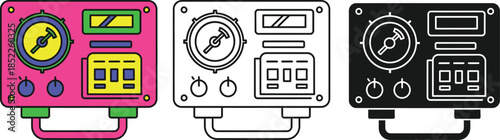 Three colorful control panels with gauges and buttons in pink yellow and black color schemes