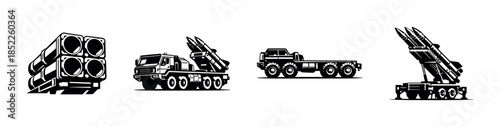 Military vehicles and missile launchers, flat vector illustration, weaponry, artillery