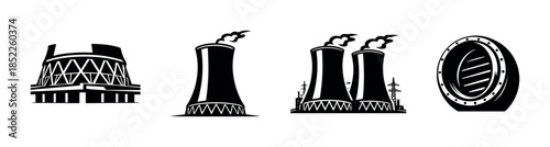 Cooling tower and industrial plant, flat vector illustration, power, facility, energy