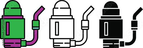 Three colorful cylindrical with attached curved tubes in green purple and black cylindrical curved tubes