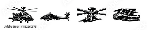 Helicopter designs, flat vector illustration, military aircraft, rotorcraft