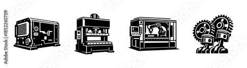 Industrial machinery designs, manufacturing tools, flat vector illustration