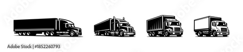 Truck types collection, big rig, cargo, delivery vehicles, flat vector illustration
