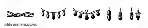 Christmas lights garland designs, bulbs, lanterns, flat vector illustration