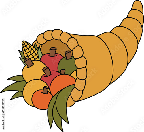 Colorful Cornucopia with Autumn Harvest