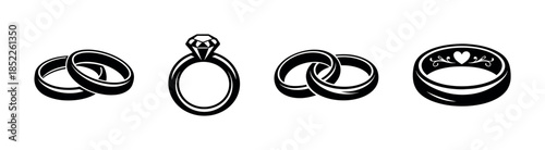 Wedding ring designs, diamond, heart motifs, flat vector illustration