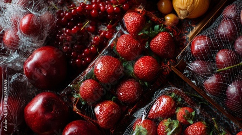 Assorted red fruits in grocery crates with dramatic light for fresh produce visuals or healthy food packaging photography