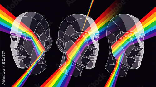 Human head shape with refraction light and holographic effect on a dark background