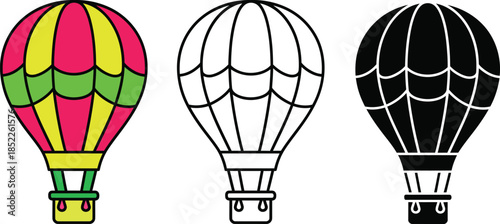 Three colorful hot air balloons with different color schemes in a row black and white