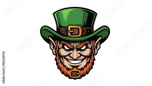 Mischievous Leprechaun Head Vector Illustration with Green Hat and Red Beard