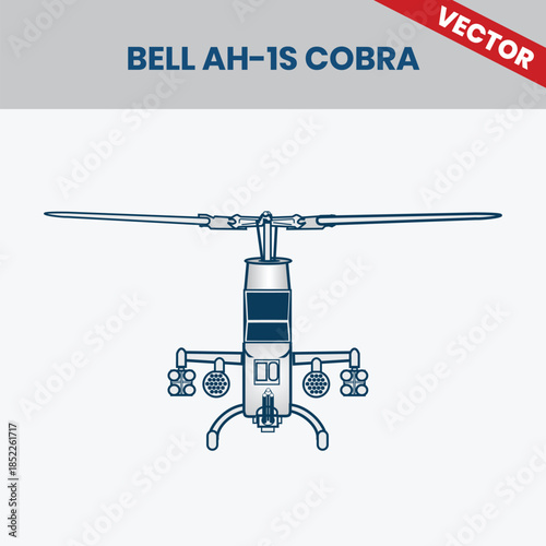 Technical Line Drawing of Helicopter Bell AH-1S Cobra 2D Engineering Rendering Sketch Vector Illustration Front View Angle