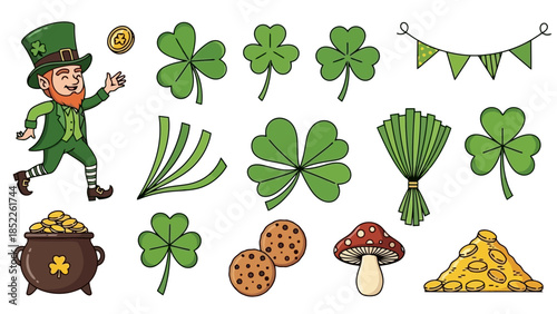 St. Patrick's Day Vector Illustration Set with Leprechaun and Clovers