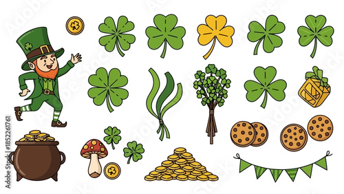 St. Patrick's Day Vector Illustration Set with Leprechaun and Clovers