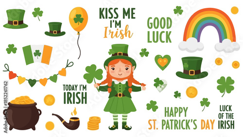 St. Patrick's Day Vector Illustration Set with Girl in Green Outfit