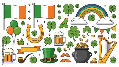 St. Patrick's Day Vector Illustration Pack with Clovers, Flags, and More