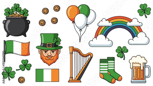 St. Patrick's Day Vector Illustration Set with Leprechaun and Clovers